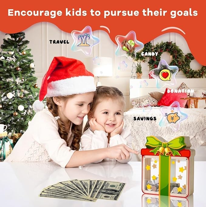 Wooden Christmas Piggy Bank for Kids, Gift Box Piggy Bank with Acrylic Panels, Unbreakable Toddler Money Box for Boys Girls, DIY Kids Safe Coin Bank with Letter Sticker