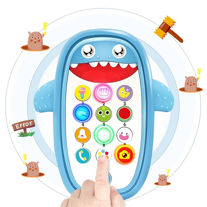 Baby Shark Cell Phone Toy Removable Teether Case, Light, Music & Adjustable Volume Kids Play & Learn Fake Phone Infant Toddler, Preschool Holiday Birthday Present for Girl Boy 12 Months (Blue)