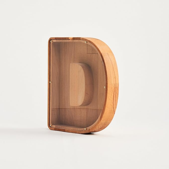 Personalized Wooden Piggy Bank – Custom Letter D Coin Bank in Beech Wood with Clear Acrylic Front, Engraved Name Option, Money Saving Box for Kids and Adults