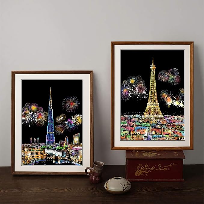 Scratch Art for Adults Kids, Rainbow Painting Night View Scratchboard(A4), Crafts Set: 8 Sheets Scratch Cards with 6 tools in Bag - Fireworks, Big Ben, Cristo Redentor, Ferris Wheel(Landmark Building)