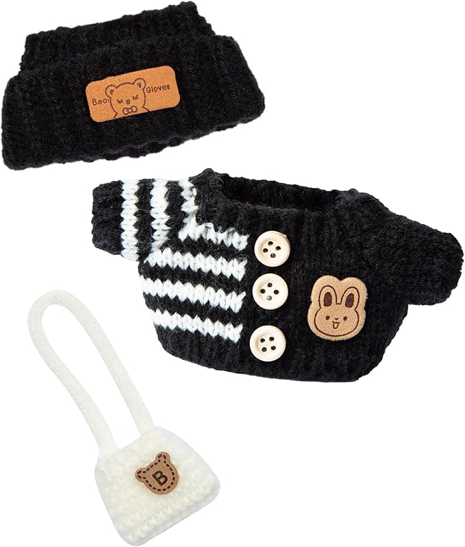 17cm Doll Outfits for Labubu - Kawaii Chic Style Set for 17cm Dolls, Cute Doll Clothes with Accessories -Button Up Stripe Black Sweater + Black Hat + White Bag (Clothes Only)