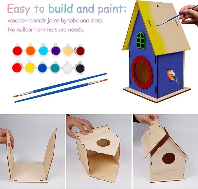 Glintoper Art Craft Wood Toys for Kids, 4 Pack DIY Bird House Kit Painting Puzzle DIY Wooden Assembly, Build and Paint Birdhouse, Include Paints & Brushes, Wooden Arts for Girls Boys Toddlers