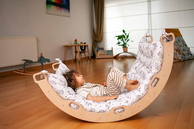 Climbing Arch | Montessori Rocker Arch | Arch with Cosy Pillow | Wooden Climbing Arch with Cushion | Wooden Climbing Arch and Rocker | Indoor Playground Cosy Cushion Rocker (Origami)