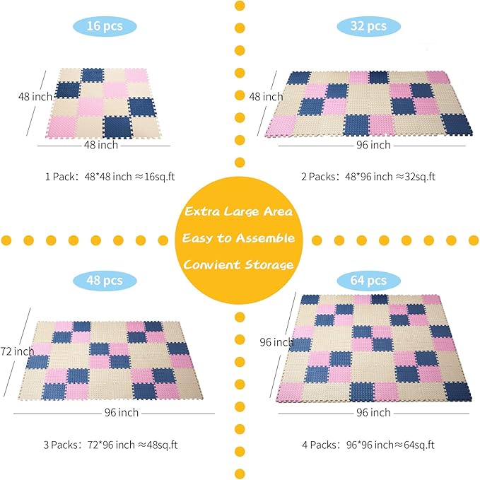Foam Floor Mats for Kids, 12 x 12 Inch 16 Tiles 0.4" thickness Foam Play Mat, Non-Toxic Square Interlocking Floor Mats Rubber Baby Play Mat for Toddlers(Beige/Dark Blue/Pink)