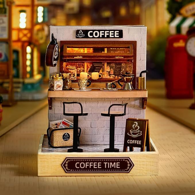 TuKIIE DIY Miniature Dollhouse Kit with Furniture, 1:24 Scale Creative Room Mini Wooden Doll House Plus Dust Proof for Kids Teens Adults(Coffee Time)