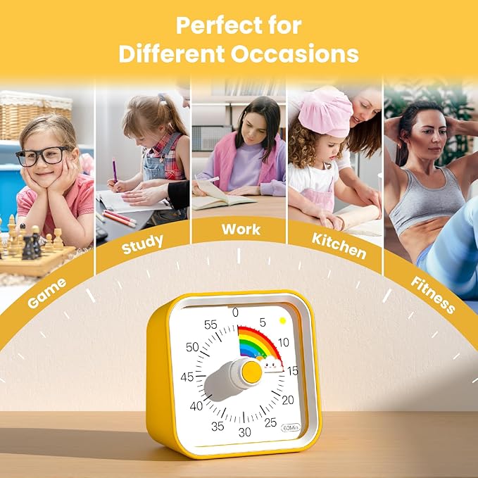 Visual Timer for Kids with Pause Function, Cute Silent Timer with Rainbow for Classroom, Teaching, Task, Kitchen, 60 Minute Countdown Time Management for ADHD (Rainbow Yellow)