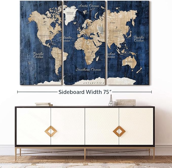 ElephantStock Aged Blue World Map II Canvas - 3 Panel Wall Decor - World Map Digital Art - Blue Wall Art - 74" X 48"