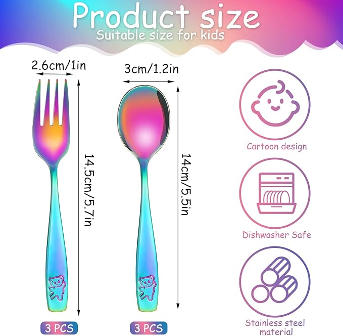 Pimoys 6 Pieces Toddler Utensils Kids Rainbow Silverware Stainless Steel Toddler Forks and Spoons Set, Metal Childrens Safe Flatware Child Cutlery Set, Dishwasher Safe