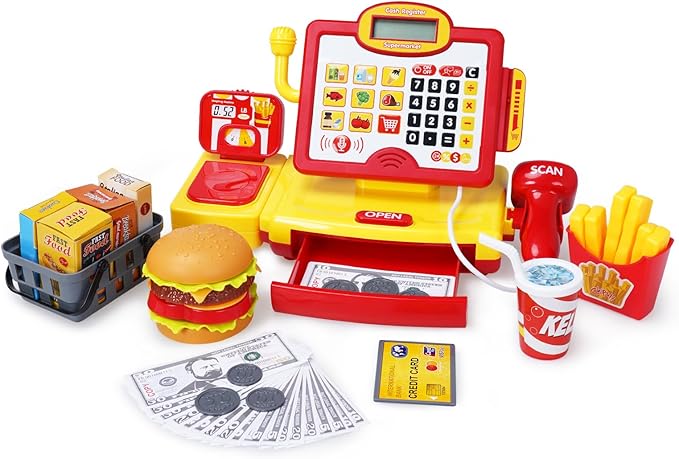 FS Toy Cash Register for Kids, with True Barcode Scanner & Calculator Toys, Pretend Play for Toddlers 3-5, Shopping Playset, Kids Cash Register with Credit Card for Boys and Girls