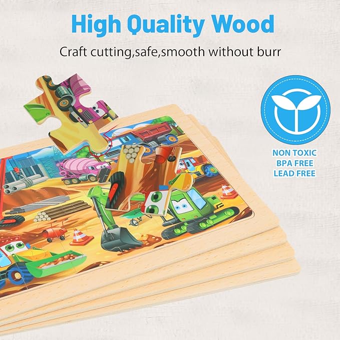 Wooden Puzzles for Kids Ages 4-6, 24 Piece Vehicle Car Construction Jigsaw Puzzles 4 Packs, Preschool Toddlers Learning Activity Puzzles Toys for Boys Girls 3 4 5 6 Years Old