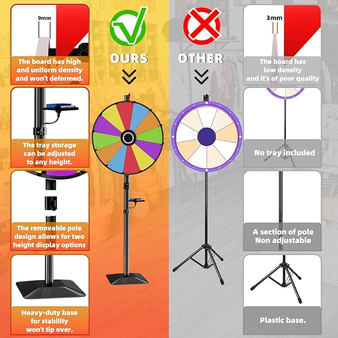 Heavy Duty Prize Wheel, 24 Inch Dual Use Prize Wheel,Adjustable Tabletop & Floor Stand, 12 Slots,1Bracket, Dry Erase Kit - Wheel of Fortune Game for Carnival, Casino & Trade Show.