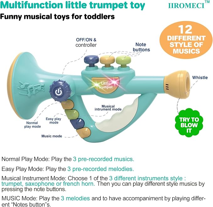 Musical Instruments Toys for Kids, Toddlers Little Trumpet and Baby Educational Toy for Girls & Boys Ages 1-3 (Blue)