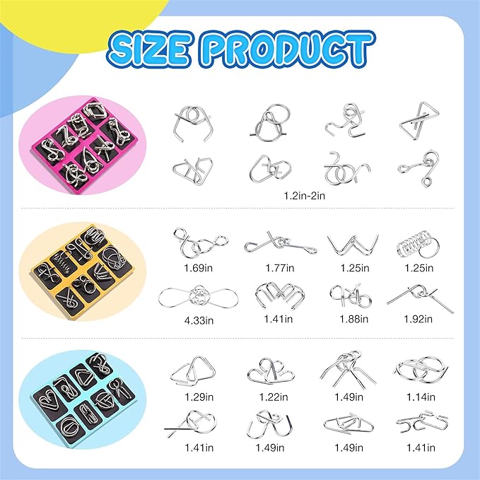 Metal Wire Puzzle Set，Brain Teaser Metals Puzzle ，Chinese Ring Magic Trick Toy for Party Favor Kids 7-14 and Adults Challenge (A+B+C（Metal）)