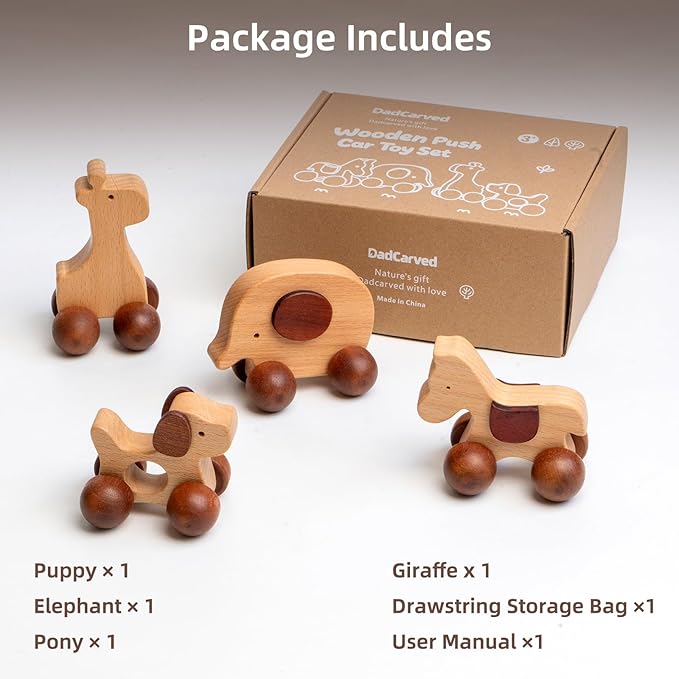 Wooden Push Car Toy Set – 4PCS Montessori Wooden Cars for Kids Age 3+ | Push & Pull Animal Toy Cars (Puppy, Elephant, Pony, Giraffe) | Safe Wooden Baby Toys Gift