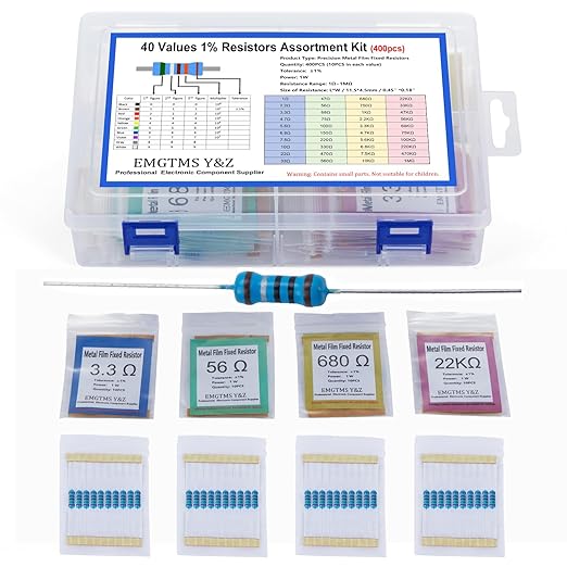 40 Values 400 Pcs 1W Resistor Kit 1Ω-1MΩ ±1% Metal Film Resistors Assortment for Electronics Projects and DIY Experiments