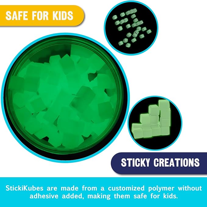 KOMARC GAMES StickiKubes, Mini Stacking Cubes That Stick to Anything, Non Toxic Kid Safe Sticky Blocks, Creative Construction Toy - 125 Cubes, Glow in The Dark, Tub