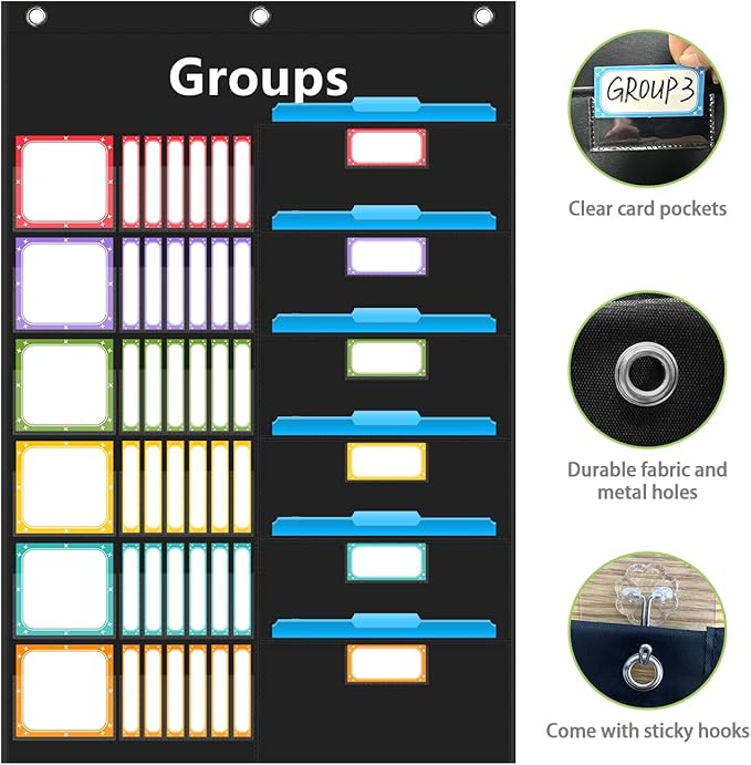 REGELETO Small Group Management Pocket Chart with 96 Cards Classroom Jobs Chart Small Group Organizer and on Task for School Teacher Elementary Preschool Learning Supplies (Black)
