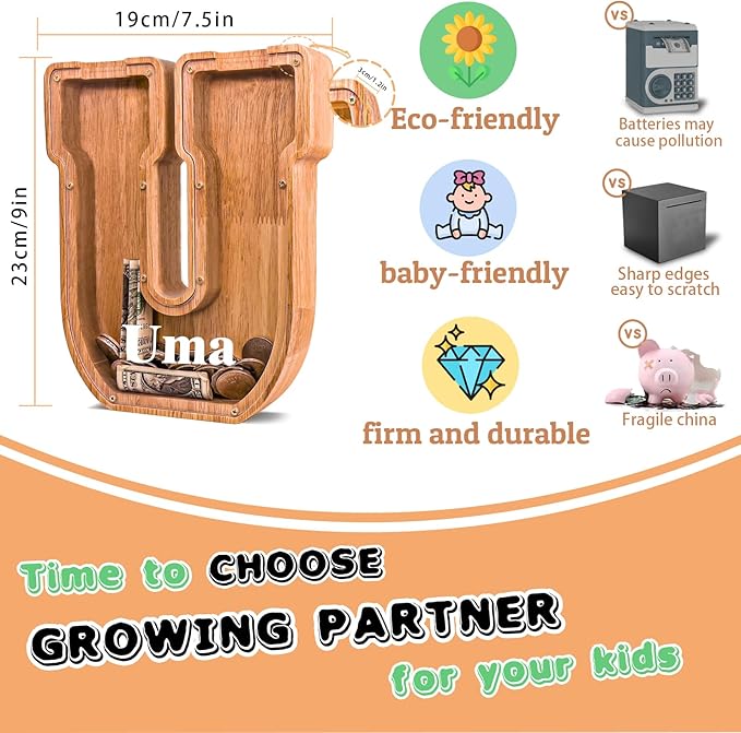 Wooden Letter Piggy Bank for Kids Larger Letter Piggy Bank for Boys and Girls Personalized Piggy Bank Initial Coin Bank Wood Kids Money Bank for Birthday and Festival