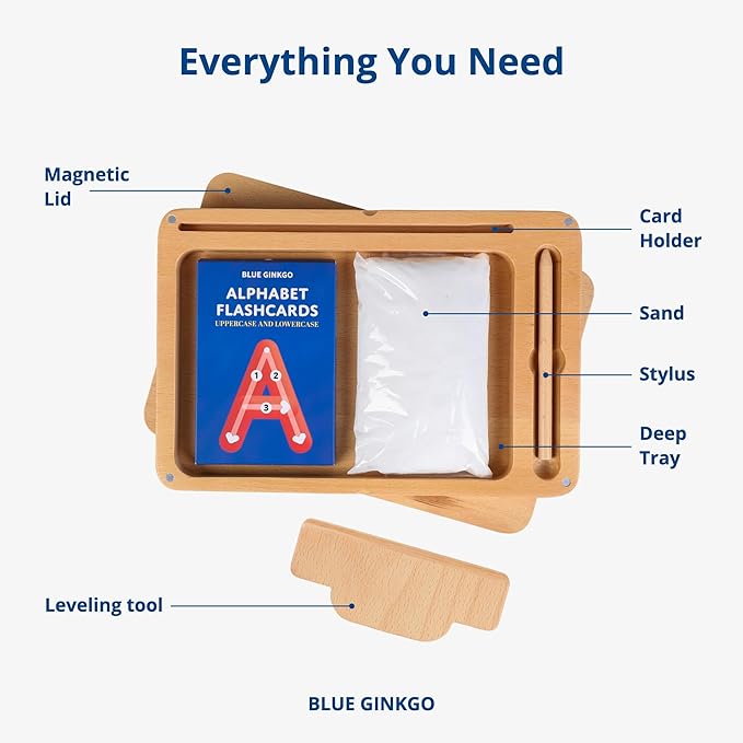Blue Ginkgo Montessori Sand Tray – Premium Wooden Tray with Lid for Letter Tracing, Numbers, Drawing, Classroom Use (9.8 x 6.7 Inches)