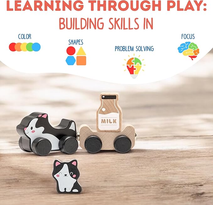 Cubika Wooden Clever Kitties Train Toy – Magnetic Cat-Themed Wood Toy Playset for Toddlers 18 Months+ – Montessori Toy for Fine Motor Skills and Imaginative Play