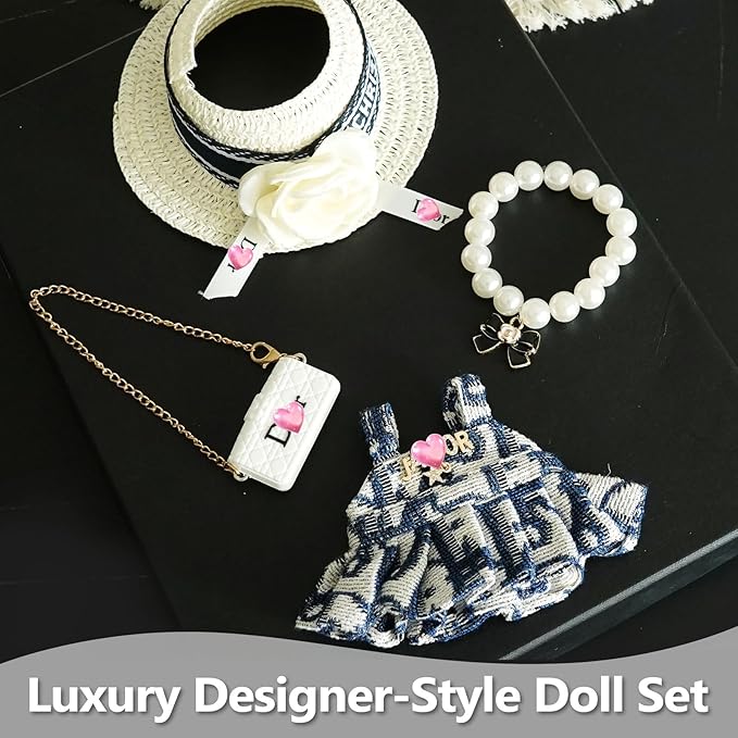 17cm Doll Clothes Set with Fashion Accessories - Premium Luxury Baby Doll Outfits & Designer Clothes Bundle, Unique Fashion Style Dresses with Hat & Pearl Necklace & Bag Accessories(Blue)