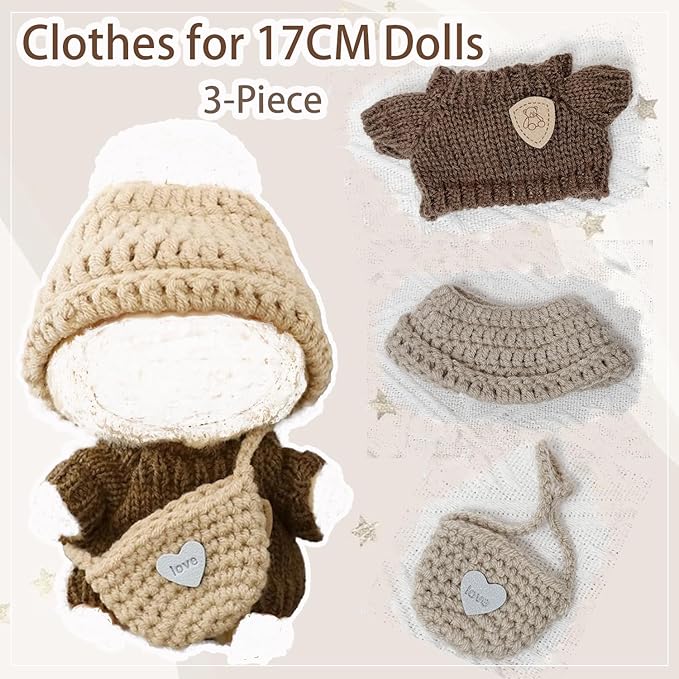 17cm Clothes Set, Outfits for Dolls Crochet 3 Piece Set Stylish Adorable Hat Clothes Backpack 17cm Doll Accessories (No Doll) (Brown)