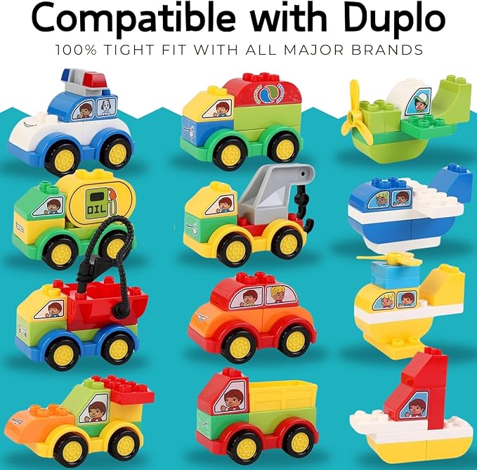Liberty Imports 70 Pcs Toddlers Car Big Building Blocks Set, 12Pcs Different Vehicles, Kids Build Your Own Toy Cars, Compatible with Major Brands