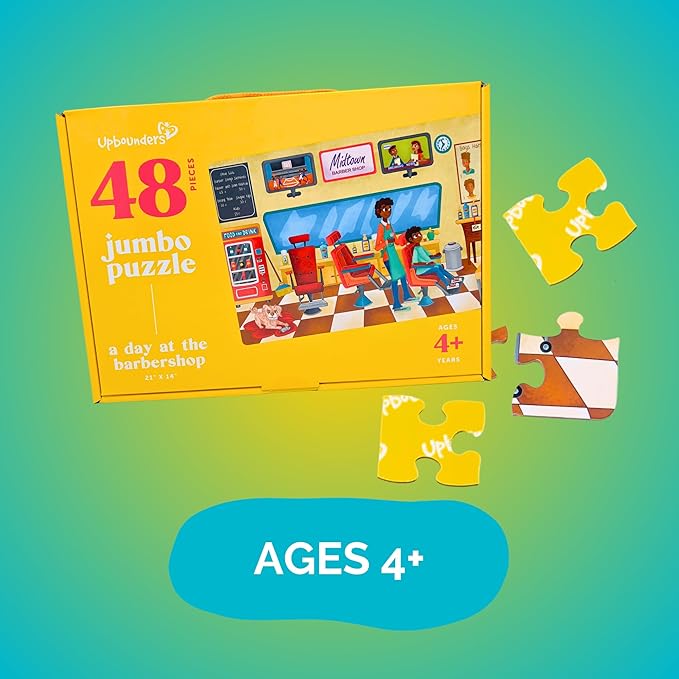 Upbounders® 48 Piece Jumbo Floor Puzzle for Kids | Barbershop Beginner Puzzle | Pretend Play & Learning Toy for Boys Girls Ages 4 5 6 | Black Brown Boy at The Barber (Multicultural)