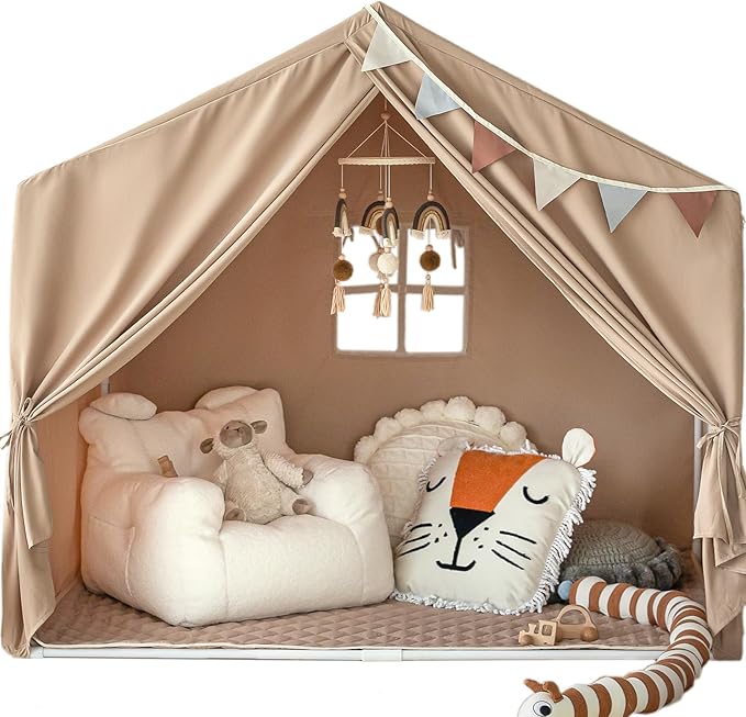 Kids Play Tent with Mat, Large Playhouse Tent Indoor, Kids Castle Tent for Girls Boys, Play Cottage (Khaki)