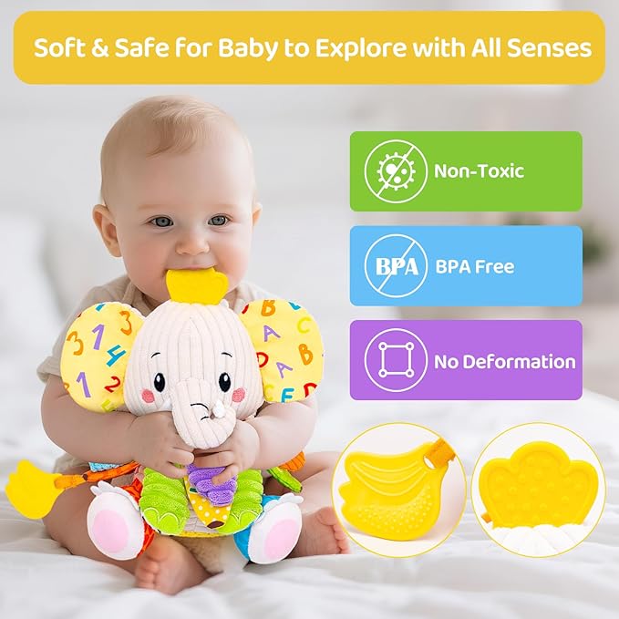 Baby Toys 3-6 Months, Musical Stuffed Elephant Toddler Toy for Newborn Infant 3 6 9 12 Months, Tummy Time Toys Montessori Sensory Toys 0-6 6-12 Months, Crinkle Paper, Mirror Soothing Music Shower Gift
