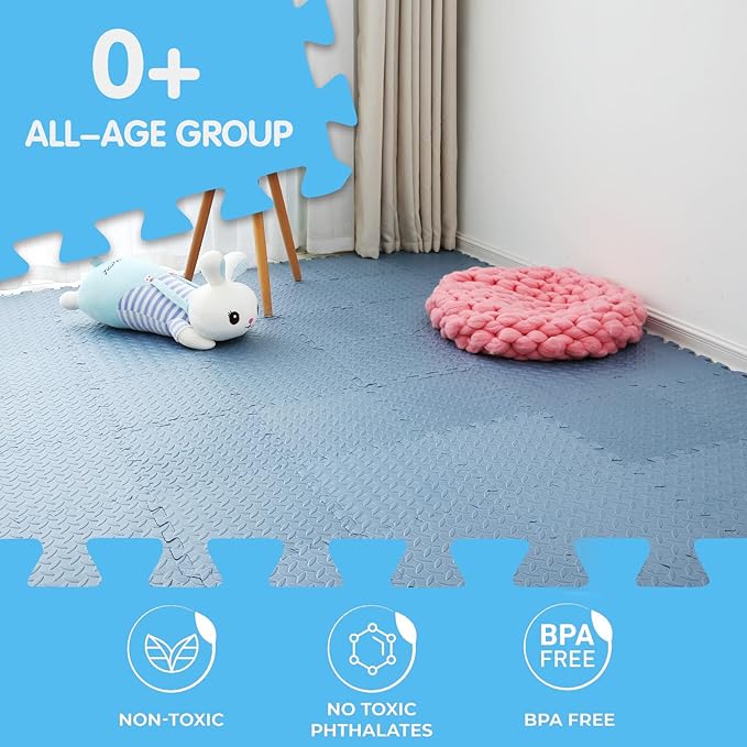 Coolcandy EVA Foam Play Mat, 16 Tiles Colorful Baby Play Mat, Square Kids Playmat with Solid Colored, 0.4" Thickened Interlocking Foam Floor Tiles, Puzzle Play Mat for Baby Lying, Playing (Gray Blue)