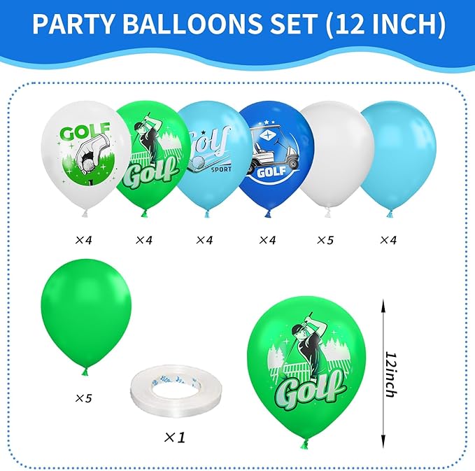 FEYG 12in Golf Balloons - Blue, Green, White - Hole In One Birthday Decorations