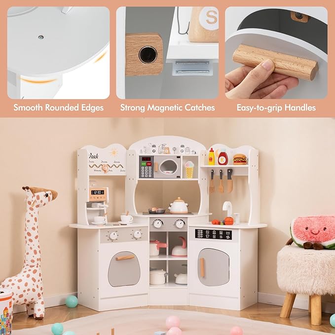 Costzon Corner Play Kitchen, Wooden Kids Kitchen Playset with Lights & Sound, Coffee Maker, Washing Machine, Oven, Microwave, Toddler Toy Kitchen for Pretend Play, Gift for Boys Girls 3+ (White)