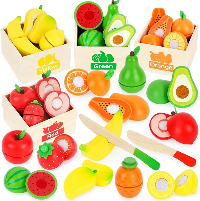 ATOYUS Wooden Play Food Set Toys for Toddlers 1-3, Kids Toy Play Kitchen Accessories, Cutting Fruits Pretend Food with Storage Boxes, Christmas Birthday Gifts for 1 2 3 Year Old Baby Boys Girls