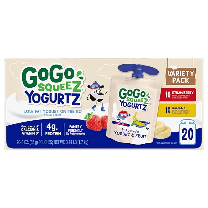 GoGo squeeZ yogurtZ Variety Pack, Strawberry & Banana, 3 oz (Pack of 20), Kids Snacks Made from Real Yogurt and Fruit, No Fridge Needed, Gluten Free, Nut Free, Recloseable Cap, BPA Free Pouches
