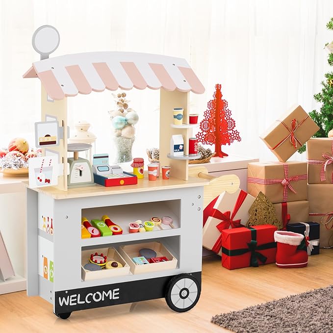 HONEY JOY Kids Food Cart, 30-Piece Toddler Pretend Play Grocery Store Playset w/Cash Register & Scale, Wooden Dessert Shop Play Market, Children Beverage Stand Cart w/Wheels, Gift for Boys Girls