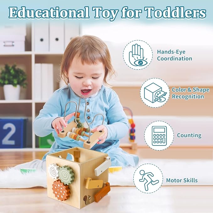 Wooden Activity Busy Cube Montessori Toys, 6-in-1 Activity Center Baby Bead Maze Toys, Sensory Shape Sorter Blocks, Toddler Boys Girls First Birthday Gift