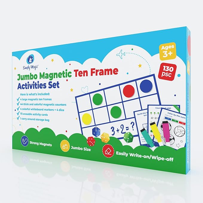130 PCS Jumbo Magnetic Ten Frame Set, Ten Frames Class Set, Math Manipulatives for Kindergarten, PreK, Preschool, Math Counters, Games for Kids, Magnetic Counters, Teacher and Homeschool Supplies