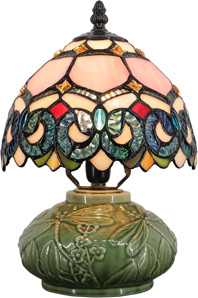 Small Tiffany Lamp Mushroom Table Lamp, Mini Stained Glass Desk Light Memory Sympathy Ceramic lamp 8X11 Inch (Pink Baroque Style)