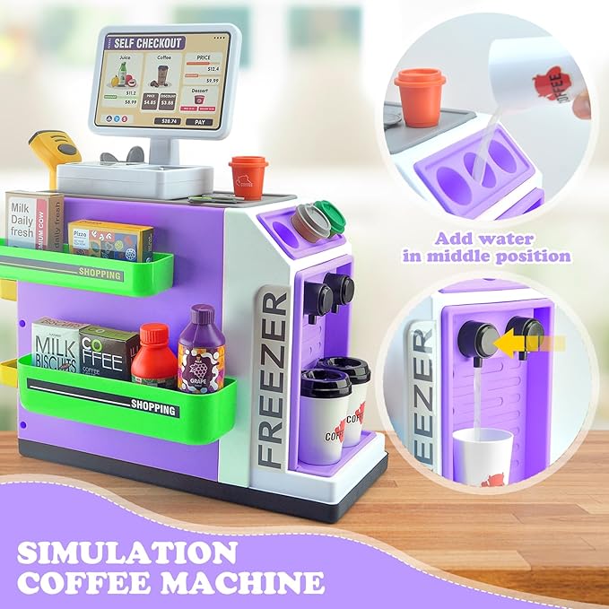 Pretend Play Cash Register Toy Set with Scanner, Play Money, Calculator, Coffee Machine and Play Food for Kids Ages 3+ (Purple)