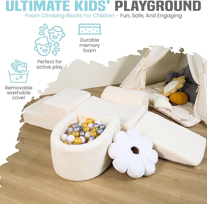Foam Climbing Blocks for Babies & Toddlers – 5-Piece Soft Playset with High-Density Memory Foam & Lux Sherpa Cover – Indoor Climb and Crawl Activity Play Set for Motor Skills Development & Active Play