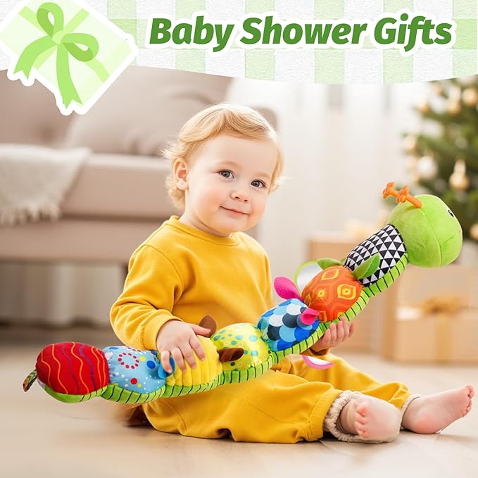 Baby Toys 0-6 Month, Musical Caterpillar Baby Rattle, Plush Sensory Toy with Mirror, Crinkle Textures, Newborn Developmental Tummy Time Stuffed Animal for Infants Boys Girls 6-12 Months (Green)