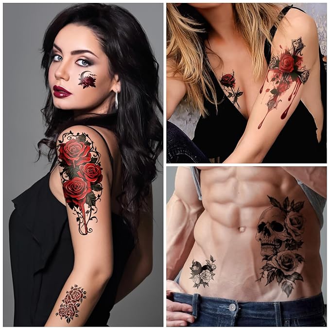 77 Sheets Skull Rose Temporary Tattoos, Lotus Flower Butterfly Half Arm Realistic Fake Tattoos Stickers for Adult Women Men Kids