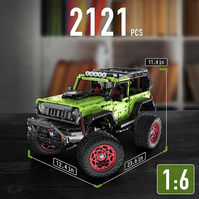 Remote Control Jeep Wrange 4x4 Building Kits, 1:6 Technique Motorized Off Road Pickup Set - with 4 Black Motors, All Terrain Design - STEM Engineering Gift for Adults & Teens (2121 PCS)