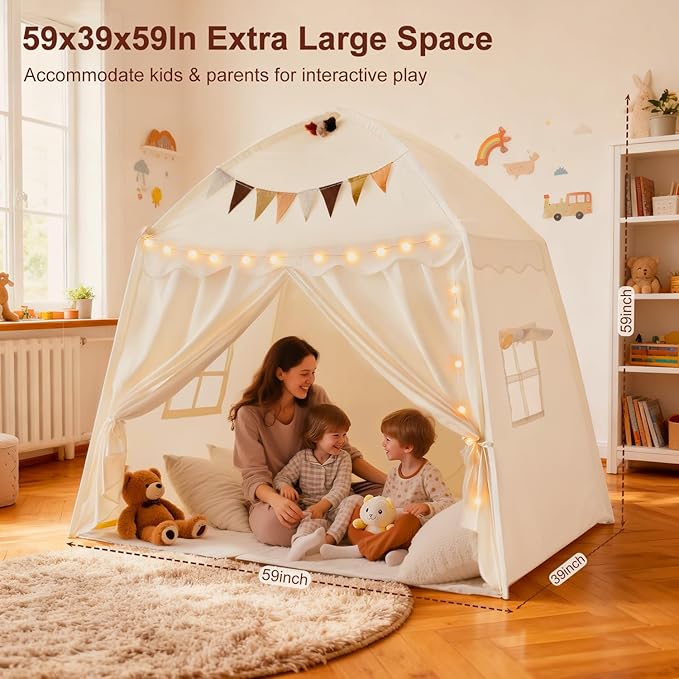 Kids Play Tent with Padded Mat Lights - Large Teepee 59x39x59in with Christmas Decor Kit Storage Bag Flag- Private Space for Reading - Birthday Gift for Boys Girls Ages 3-12