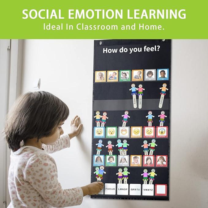 Boczif Emotions Feelings Pocket for Classroom Chart with 24 Cards for Preschool Teacher, Daycare Decor, Social Emotional Learning Activities, Calm Down Corner Supplies (Black)
