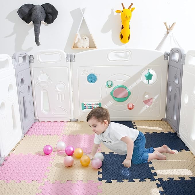 Foam Floor Mats for Kids, 12 x 12 Inch 16 Tiles 0.4" thickness Foam Play Mat, Non-Toxic Square Interlocking Floor Mats Rubber Baby Play Mat for Toddlers(Beige/Dark Blue/Pink)
