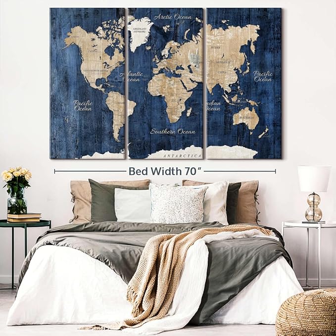 ElephantStock Aged Blue World Map II Canvas - 3 Panel Wall Decor - World Map Digital Art - Blue Wall Art - 74" X 48"