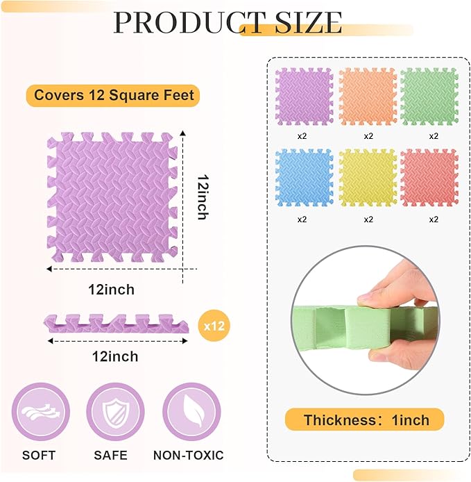 12 Tiles 12x12x1 Inch EVA Thick Interlocking Foam Floor Tiles Puzzle Exercise Mat Play Foam Mats for Boys Girls Baby Pets Home Classroom Nursery Gym(Multicolor)