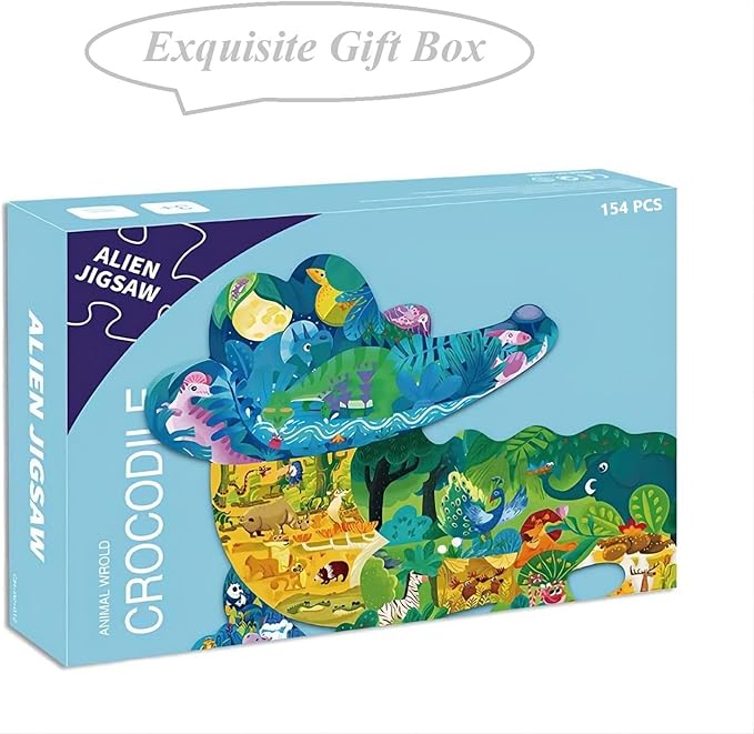 PINU Jigsaw Puzzles for Kids Ages 3-5, 6-8, 8-10, Children Colorful Fun Animal Shaped Puzzle Learning Educational Toys Gifts Games for Boys and Girls (Crocodile-154 PCS)